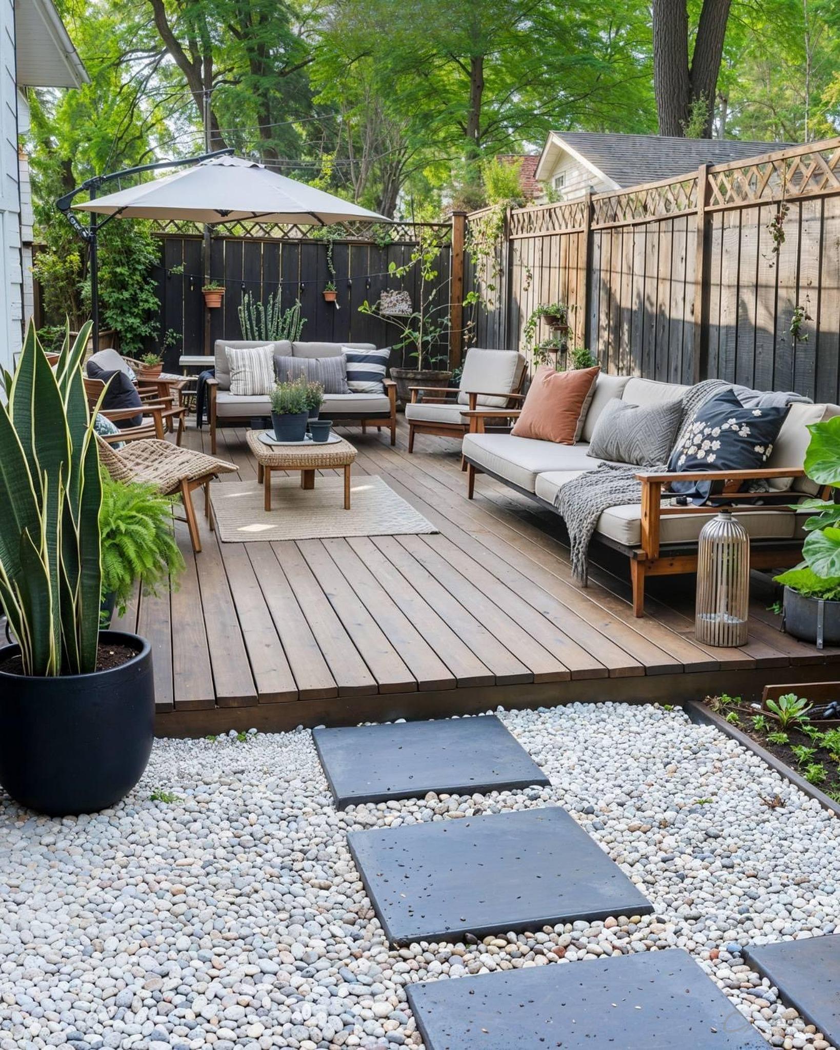 Deck with stepping stones and plants