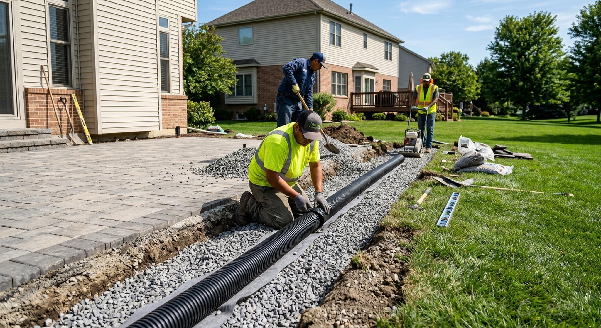 Professional drainage installation in progress