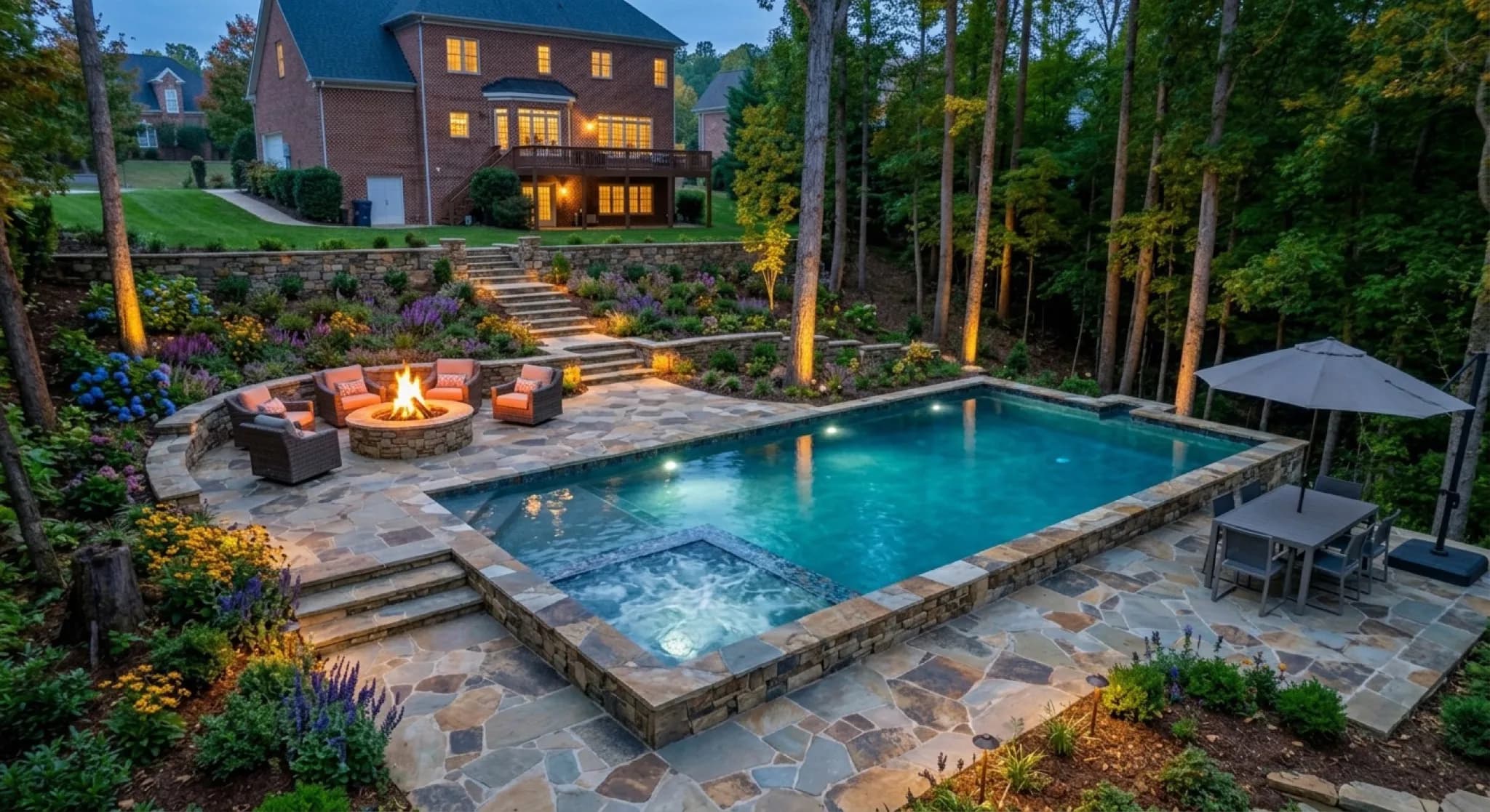 The Harrison Estate — pool and fire pit on wooded slope