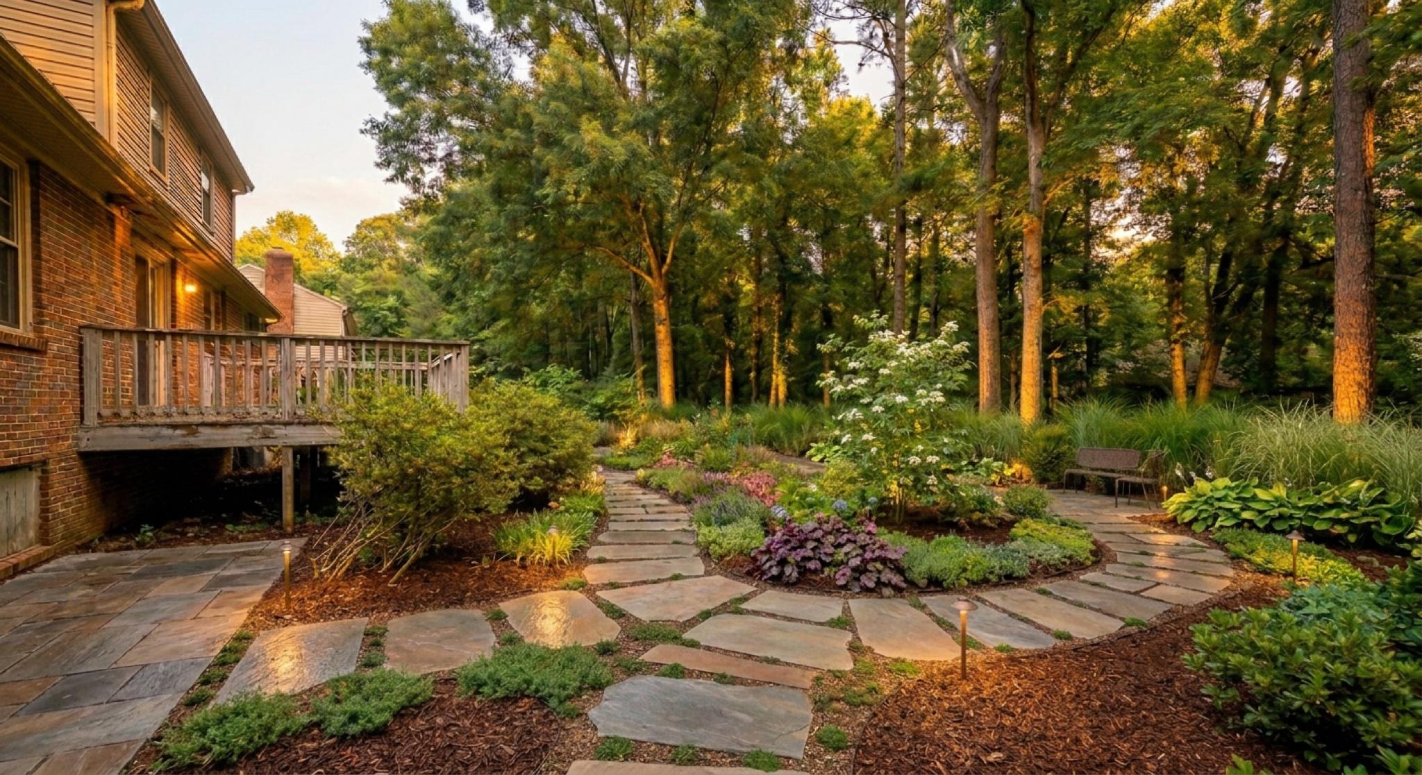 The Maplewood Garden — manicured landscape at golden hour