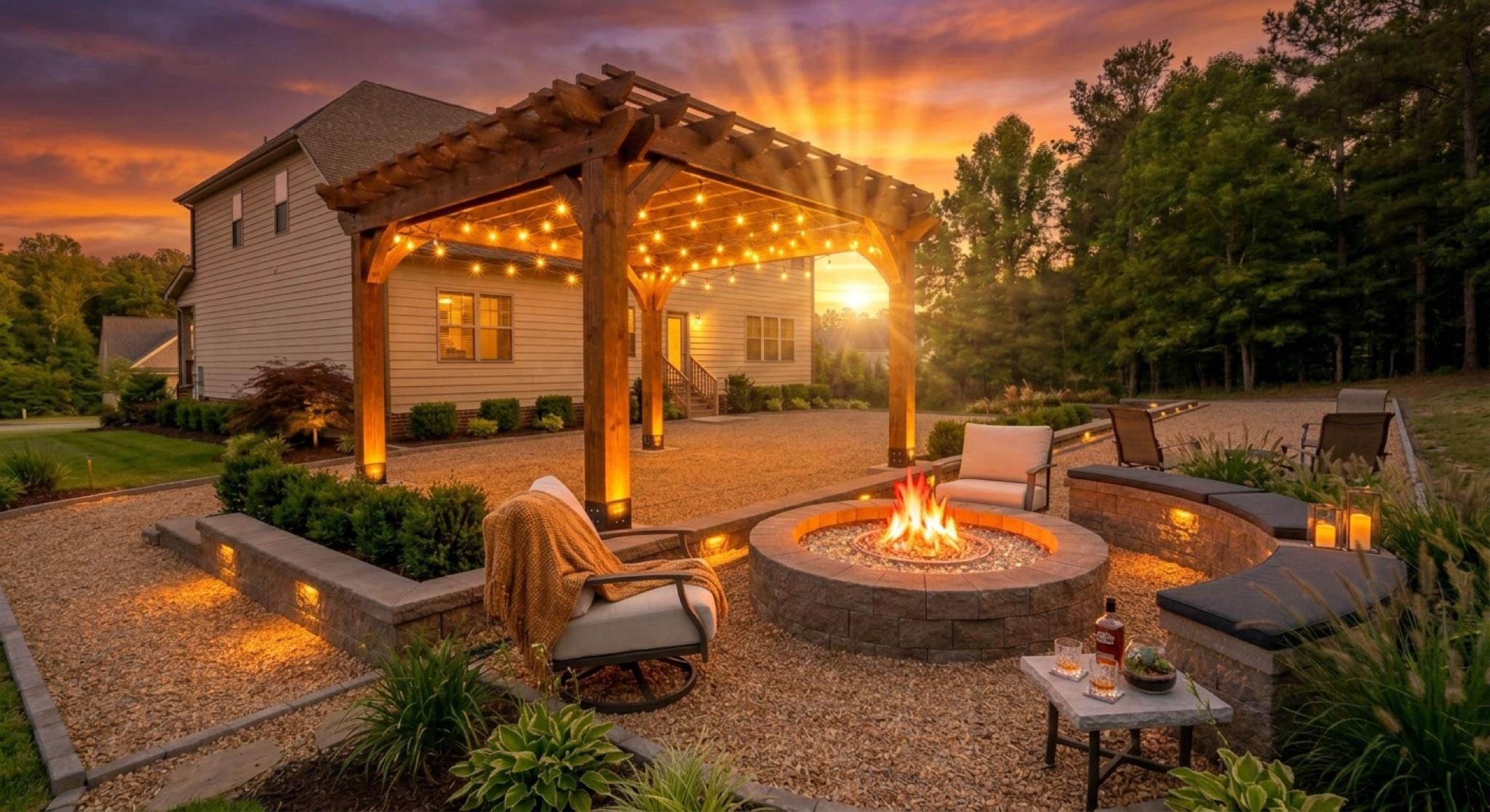 The Pinecrest Pergola — fire pit pergola at sunset