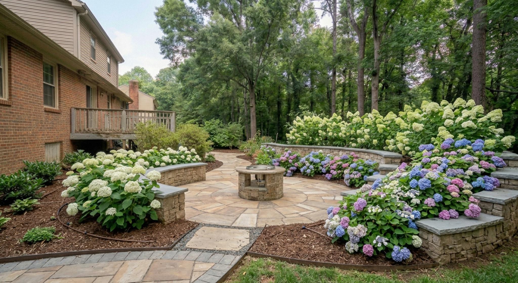 The Ridgecrest Wall — stone retaining wall with hydrangeas