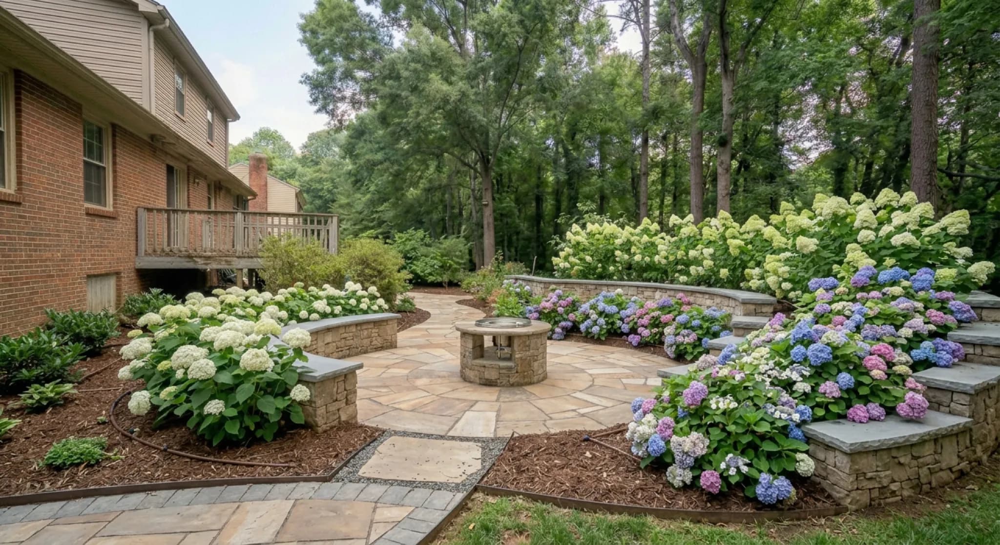 The Ridgecrest Wall — stone retaining wall with hydrangeas