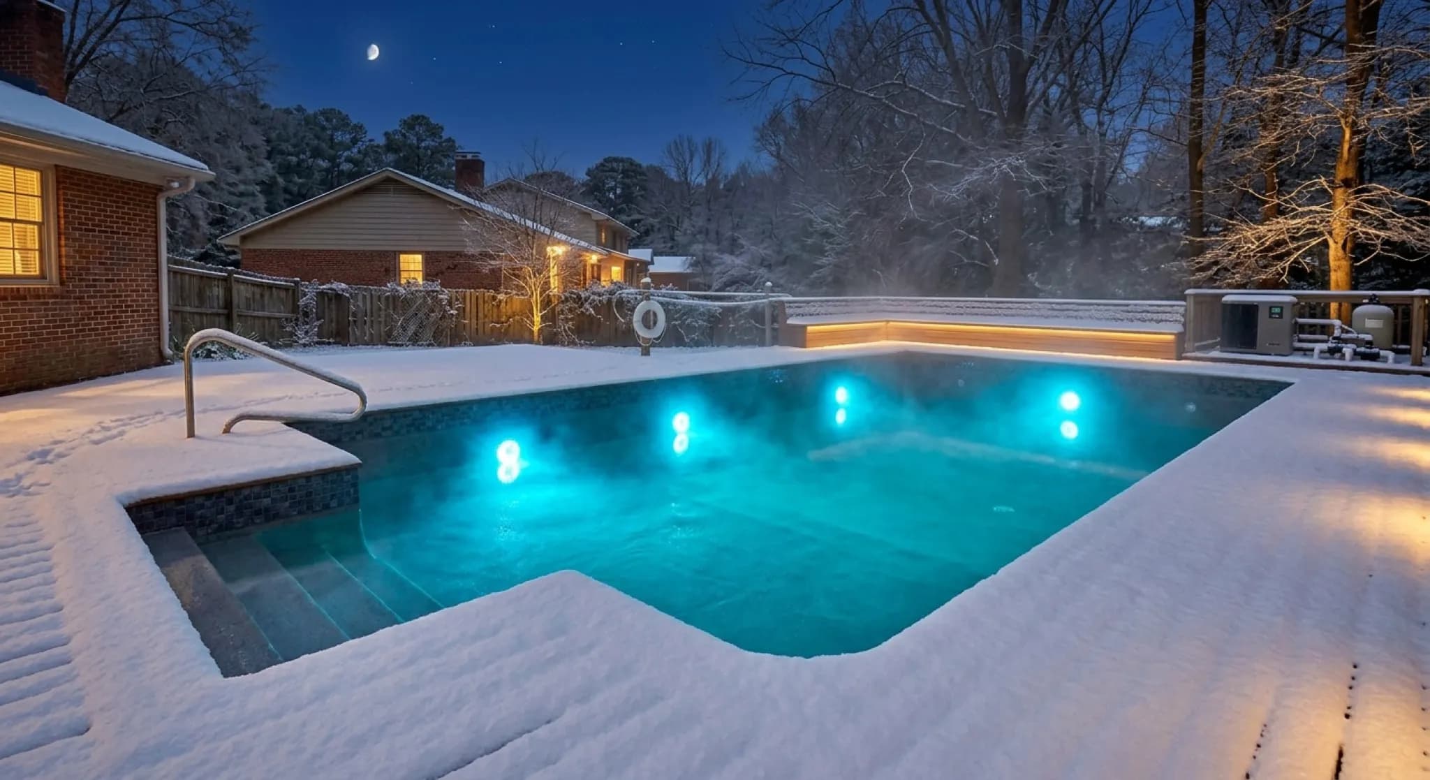 The Winterglow Pool — heated pool in snow at night