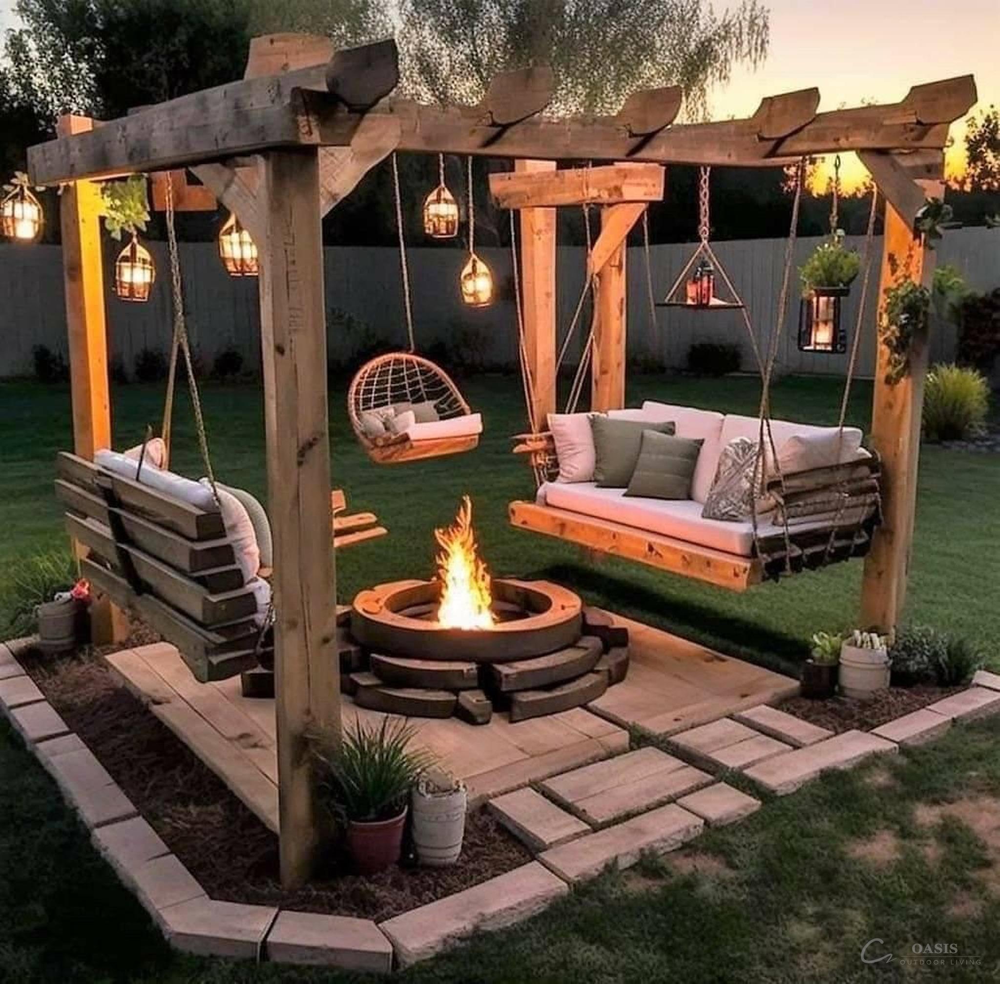 Fire pit pergola at sunset