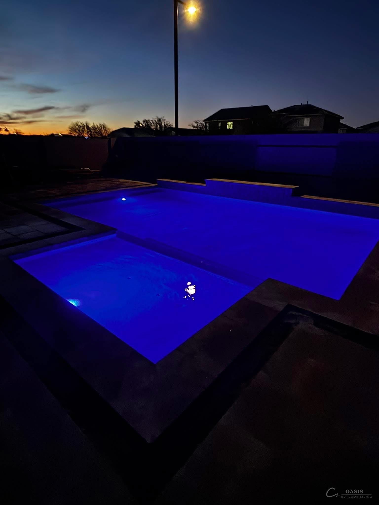 Pool with LED lights at night