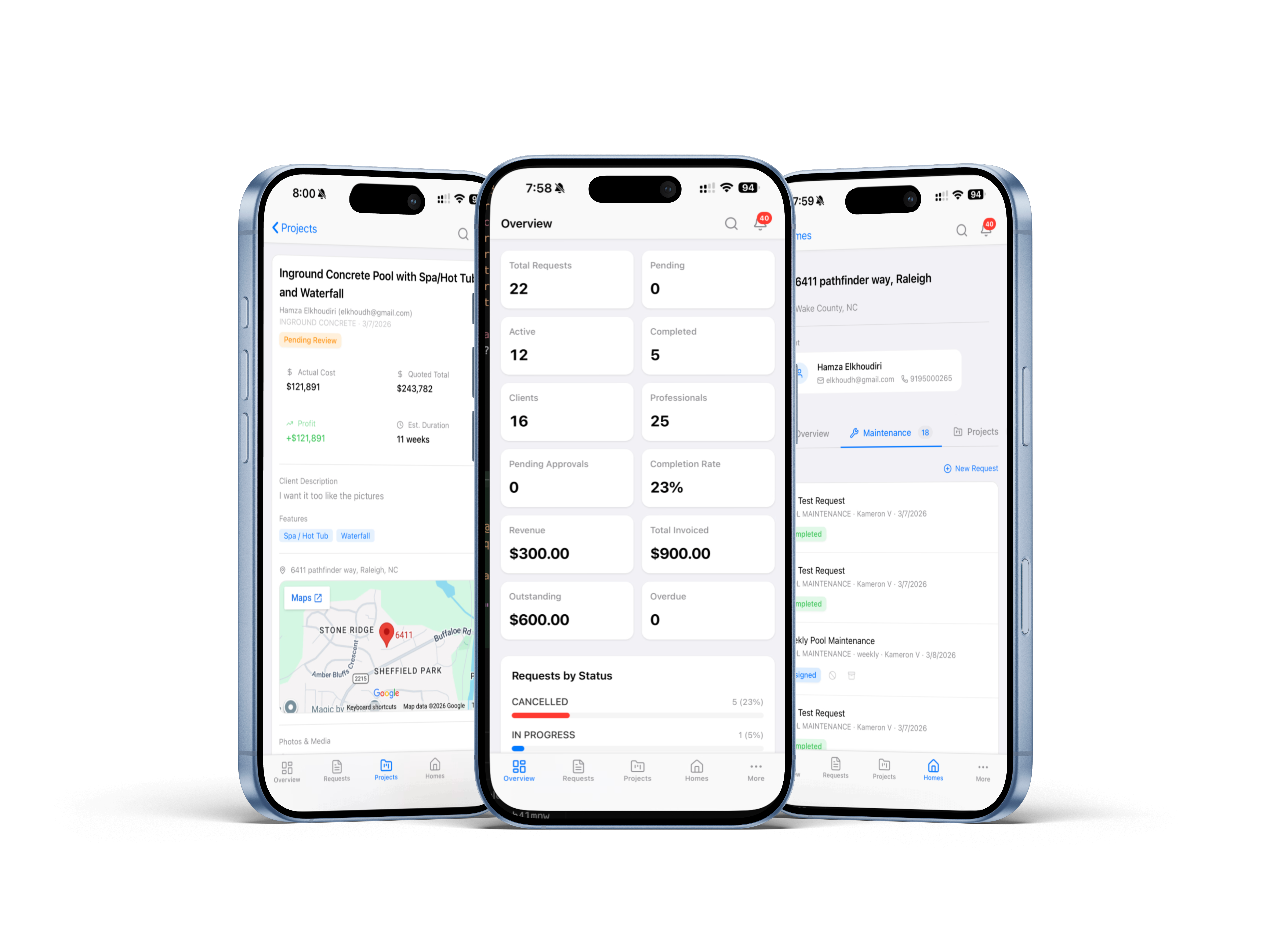 Oasis admin dashboard on three iPhones