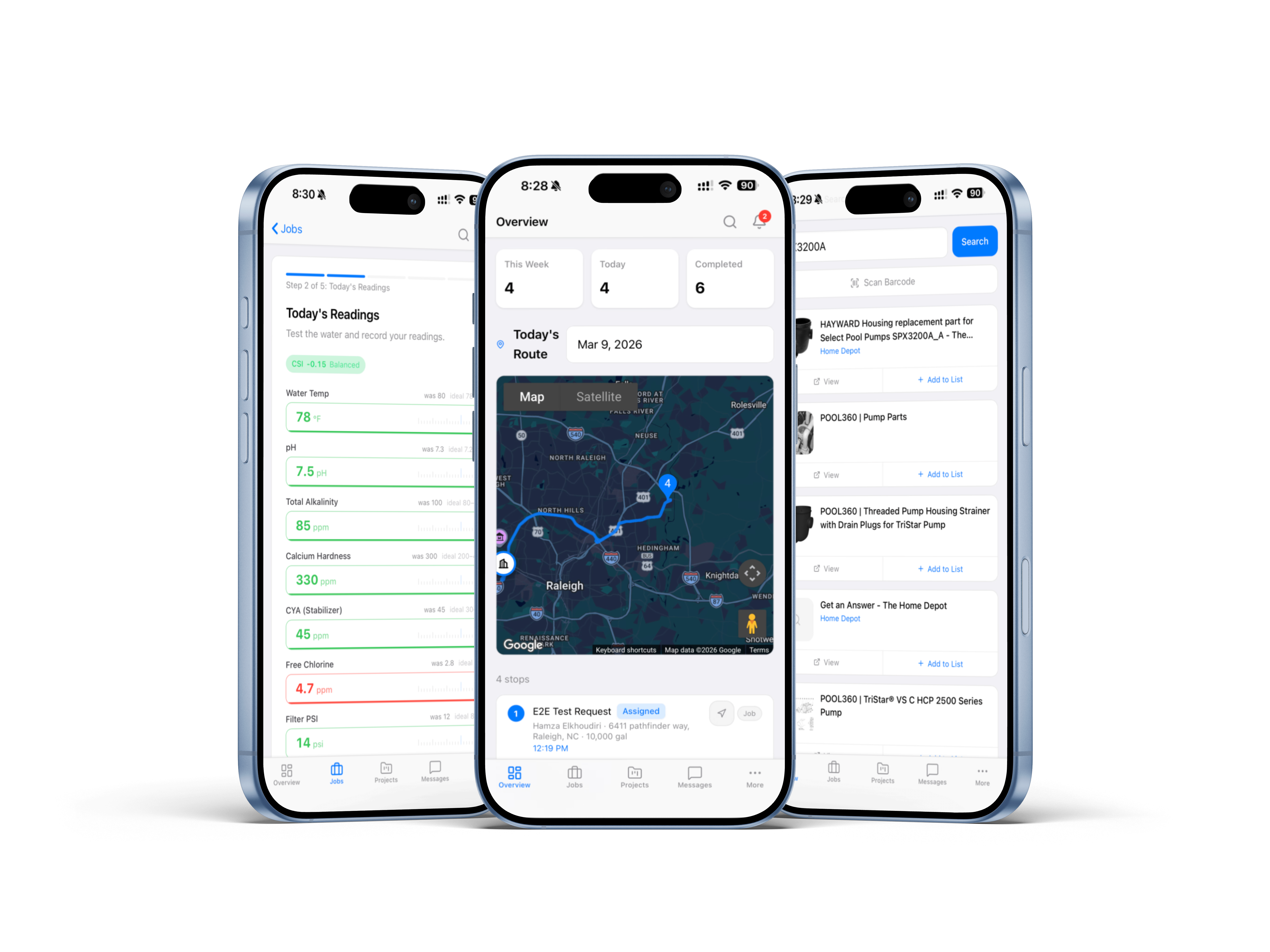 Pro dashboard showing water readings, route map, and product search